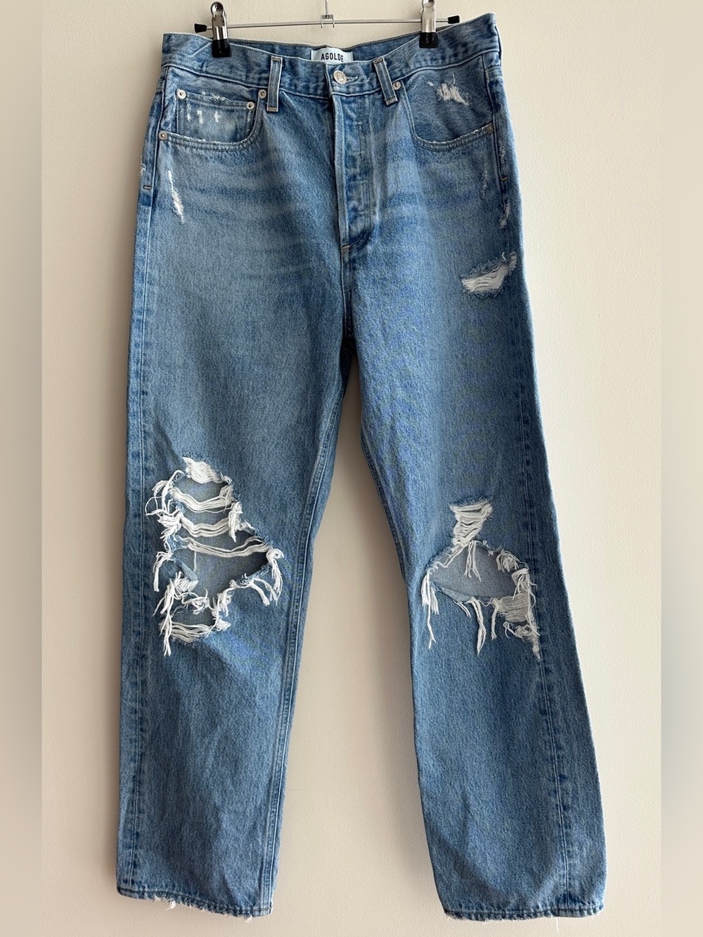 Agolde 90s Mid-Rise Distressed Straight Leg Jeans, Blue Jeans, Size 28